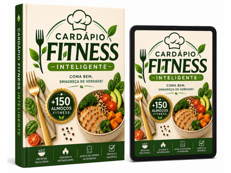 Mockup simples do Cardápio Fitness Inteligente com livro e tablet